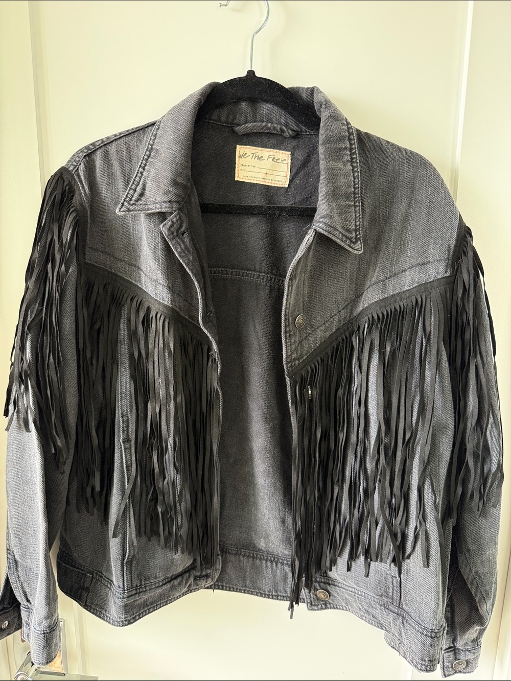Free People Gray Black Fringe Denim Jacket